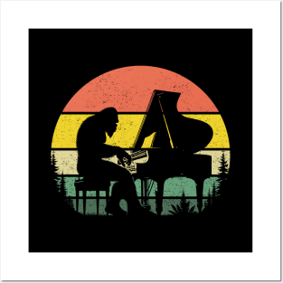 Bigfoot Sasquatch Playing Grand Piano Vintage Sunset Music Piano Lover Posters and Art